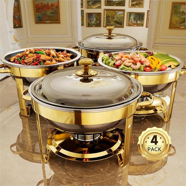Chafing Dishes for Buffet, 4 Pack 5QT Round Stainless Steel Chafing Dish Set for Home Parties, Christmas Gatherings, Catering Events Complete Buffet Warmer Set (Golden 4)