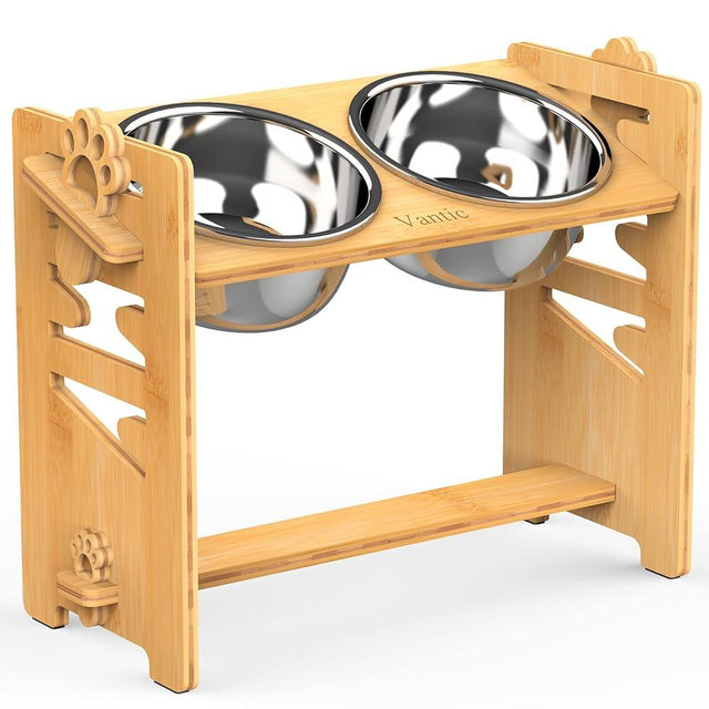 Vantic Elevated Dog Bowls - Adjustable Raised Dog Bowls for Large and X-Large Dogs, Durable Bamboo Dog Food Bowl Stand with 2 Stainless Steel Bowls and Non-Slip Feet