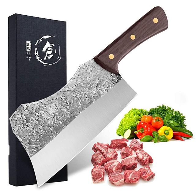 Hand Forged Cleaver Knife Bone Cutting 7 Inch High Carbon Steel Heavy Duty Meat Butcher Knife Full Tang Chef Knife for Kitchen or Restaurant
