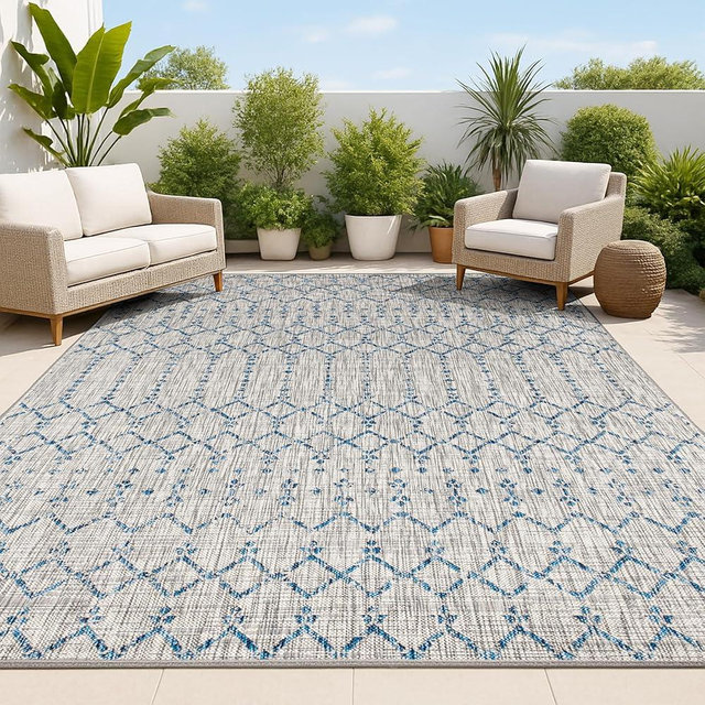 JONATHAN Y Moroccan Geometric Indoor Outdoor Area Rug 6X9 Light Gray/Navy, Ourika Textured Weave for Backyard, Patio, Porch, Easy-Cleaning, High Traffic, Pet-Friendly, Non-Shedding (SMB108A-6)