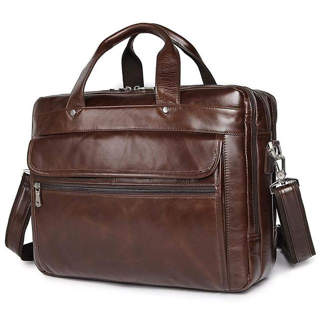 Augus Genuine Leather Mens Briefcase businessTravel Bags 15.6 Inch Laptop Bag YKK Zipper, Coffee