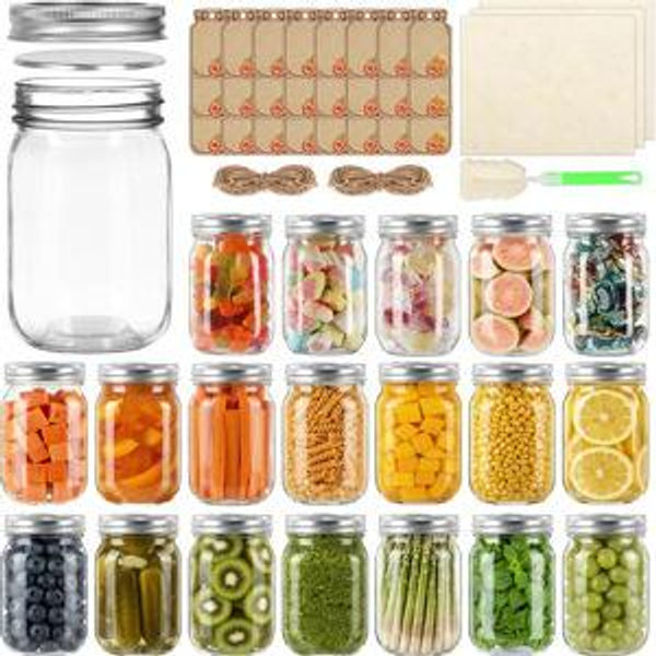 SZUAH 12 oz Mason Jars with Lids 20 Pack | Clear Canning Jars for Food Storage, Fermenting, Pickling, Meal Prep, Crafts & DIY Decor | Writing Tags, String, Brush, loofah fiber cloths Included