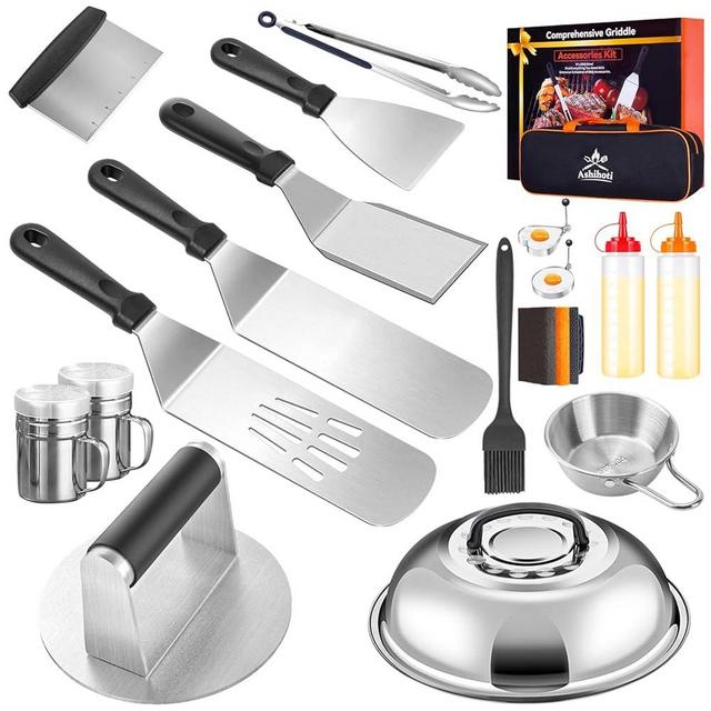 Griddle Accessories Kit with Burger Press,19Pcs Griddle Grill Tools Set for Blackstone,Enlarged Grill Spatula,Scraper,Basting Cover,Griddle Cleaning Kit for Hibachi Grill, with Burger Smasher