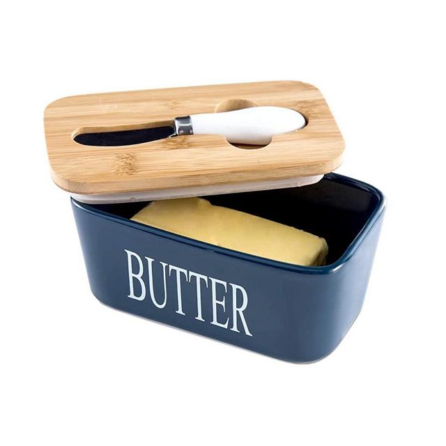 Hasense Porcelain Butter Dish with Wooden Lid - Covered Butter Keeper with Butter Knife for Countertop, Airtight Butter Container with Cover, Blue