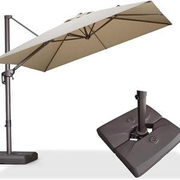 PURPLE LEAF 9' X 9' Patio Umbrella With Base Antique Bronze Square Cantilever Umbrella Outdoor with 360° Rotation and Aluminum Offset Hanging for Pool Deck Garden Backyard, Beige