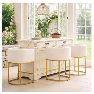 GOLD ClinQ 26" H Counter Height Bar Stools Set of 3, Modern Barrel Counter Stools with Backrest and Arms, Gold Metal Frames,Linen Fabric Upholstered Accent Barstools for Kitchen Island, Beige
