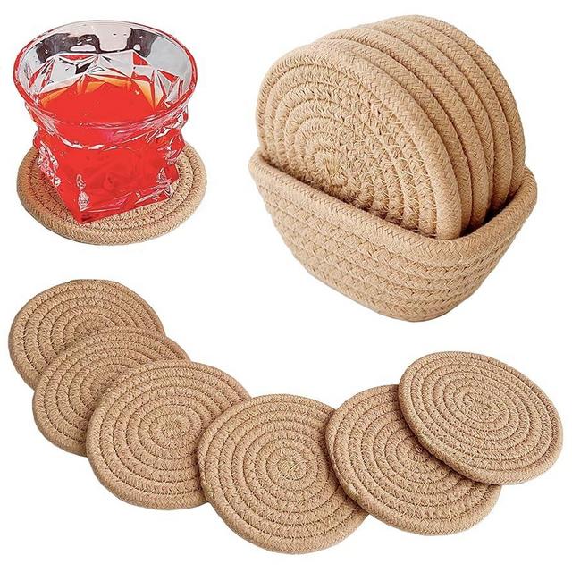Valdivia Boho Drink Coasters with Storage Basket, Handmade Woven Cotton Absorbent Coaster Set of 6, Minimalist Home Decor for Coffee Table, Kitchen, Housewarming Gifts New Home for Men Women