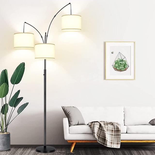 Dimmable Floor Lamp - 3 Lights Arc Floor Lamps for Living Room, 1000LM Modern Tall Standing Lamp With Beige Shades & Heavy Base, Mid Century Tree Floor Lamp for Bedroom Office, 3 LED Bulbs Included