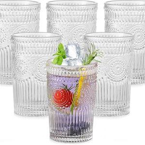 Vintage Glassware Drinking Glasses Set of 6,13 oz Clear Textured Flower Design Glass Water Tumblers，Embossed Striped Drinkware for Water,Cocktails,Juice,Iced Coffee