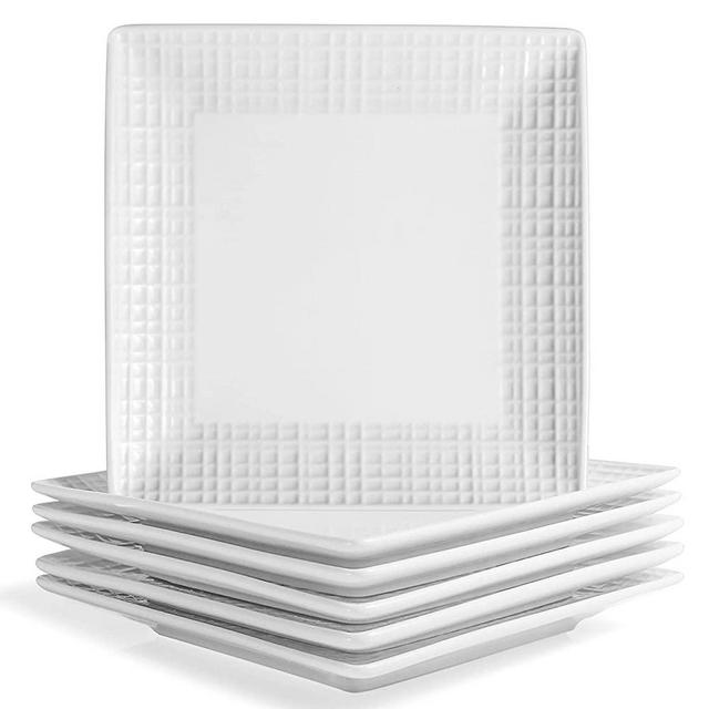 Wareland Refined Crisscross Appetizer Plates Set of 6, 6 inch Ultra-fine Porcelain Square Dessert Plates, Bright White Farmhouse Plates for Snack, Small Dinner Plates for Party, Microwave Oven Safe