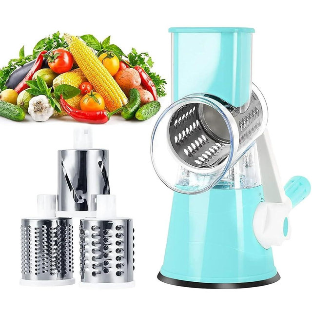 SUNRRA Cheese Grater Hand Crank With High-suction Base, Multifunctional Hand Cheese Grater with Handle, Rotary Cheese Shredder Vegetable Slicer Nuts Grinder, Blue