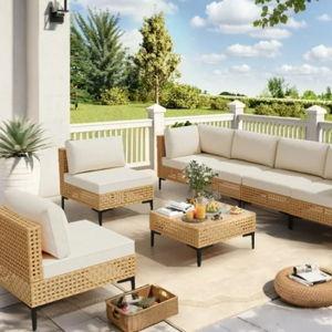 Paito Furniture Set, 110" Large 7-Piece Wicker Outdoor Conversation Set with Coffee Table, Boho Outdoor Sectional Furniture with All-Weather Cushions for Backyard, Porch, Beige