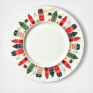 Christmas in the Village Flying Santa Rimmed Dinner Plate, Set of 4