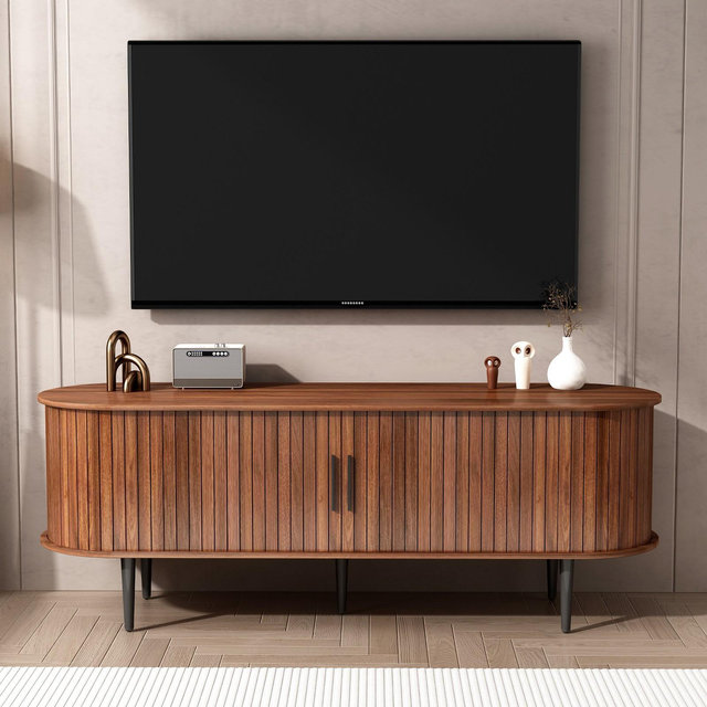 GDFStudio Fennik Mid-Century Modern 55'' Wooden TV Stand with Sliding Door and Storage Compartments, Walnut