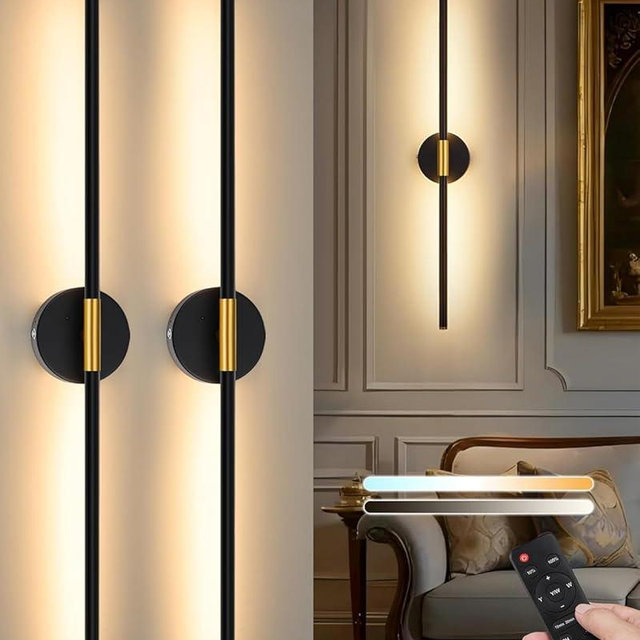 32 Inch Battery Operated Wall Sconce Set of 2 - 8000mAh, Wireless, Rechargeable, Dimmable, 3000K-6000K, Remote, Touch Control, Timer, 350° Rotate, LED Wall Lamps for Living Room, Bedroom, Black Gold