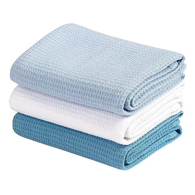 Jennice House Dish Cloths Dish Towels Set, Cotton Waffle Weave Kitchen Towels, Ultra Soft Absorbent Hand Towels in Large Size, Set of 3 (Blue Set)