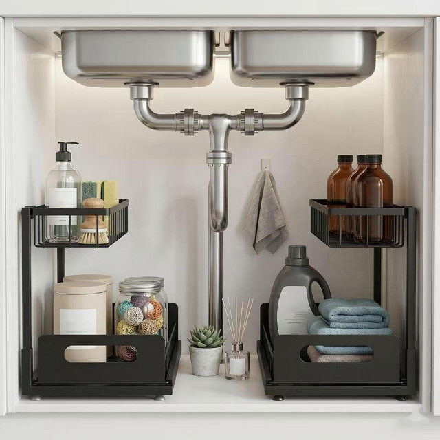 Sturdy Metal Under Sink Organizer 2 Tier, Pull Out Drawer Slides Under Sink Storage