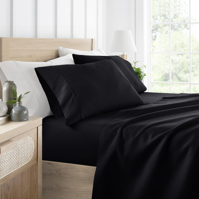4 Piece Bed Sheet Set Solid Double Brushed Microfiber, Ultra Soft - Becky Cameron, Black, King