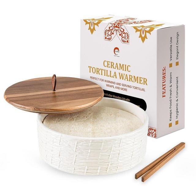 Ceramic Tortilla Warmer with Airtight Wooden Lid – 8.8 Inch Tortilla Holder, Insulated Bread Pancake Warmer, Authentic Tortillero for Tortillas, Pancakes, Roti – Large Tortilla Container