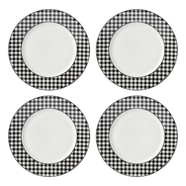 Lenox Dinnerware Set, Gingham Black Dinner Plates, Service for 4, Porcelain, Microwave & Dishwasher Safe, Halloween Dishes, Bold Black Gingham Rims, Halloween Decor Indoor (Black/White, 4 Pieces)