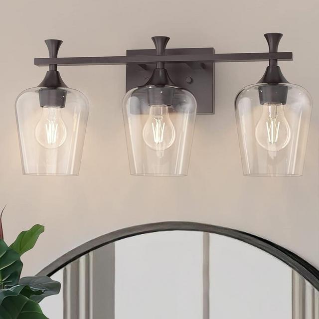 Bathroom Vanity Light Fixtures Over Mirror,3 Light Modern Vanity Lighting with Clear Wine Glass Bathroom Lighting Bath Wall Lamp Oil Rubbed Bronze Orb Upgrade for Kitchen Living Room Hallway (Black)