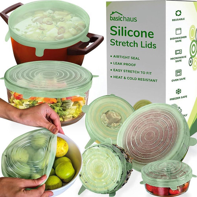 Reusable Silicone Stretch Lids for Food Storage in Fridge - Elastic Heat-Resistant Bowl Covers, Cups, Cans, Jars - Universal Food Grade Lid for Containers - 7 Pack - Mint Frost Stretchy Lid Set