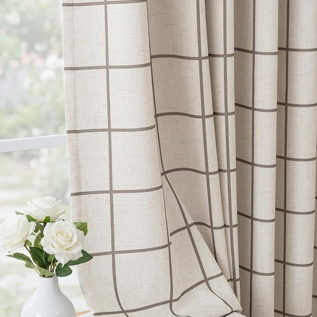 THREE GIRLS Pinch Pleated Plaid Curtains Blackout Linen Gingham Brown Curtains for Living Room,Bedroom Checkered 102 Inches Long Double Layer 2 Panels Set Luxury and Modern Printed Design Darkening