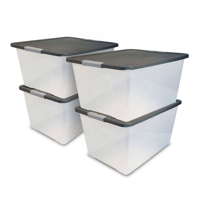 Homz 64 Quart Secure Seal Latching Extra Large Clear Plastic Storage Tote Container Bin w/ Gray Lid for Home, Garage, & Basement Organization