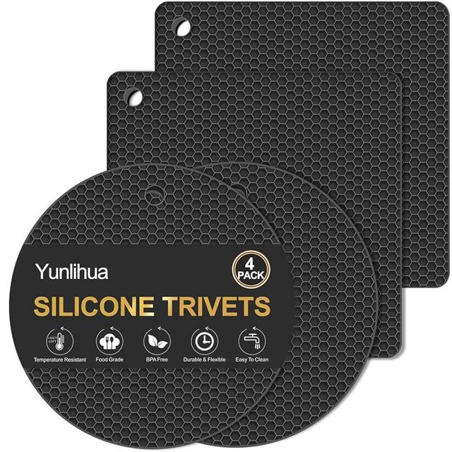 Yunlihua 4 Pack Silicone Trivets for Hot Dishes, Heat Resistant Pot Holders, Non-Slip Multipurpose Hot Pads for Kitchen, Coaster, Spoon Holder, Jar Opener, Food Grade Silicone & BPA Free, Black