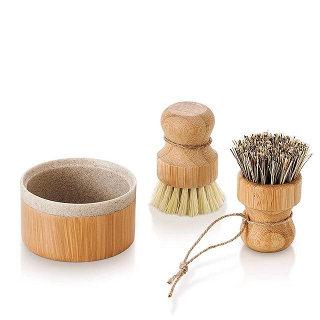 SUBEKYU Bubble Up Bamboo Dish Brush Set with Soap Holder, Wooden Dish Scrubber with Soap Dispenser, Natural Kitchen Scrub Brush, Washing Pot/Pans/Cast Iron, 2 Pack, Sisal + Coconut Palm Bristles