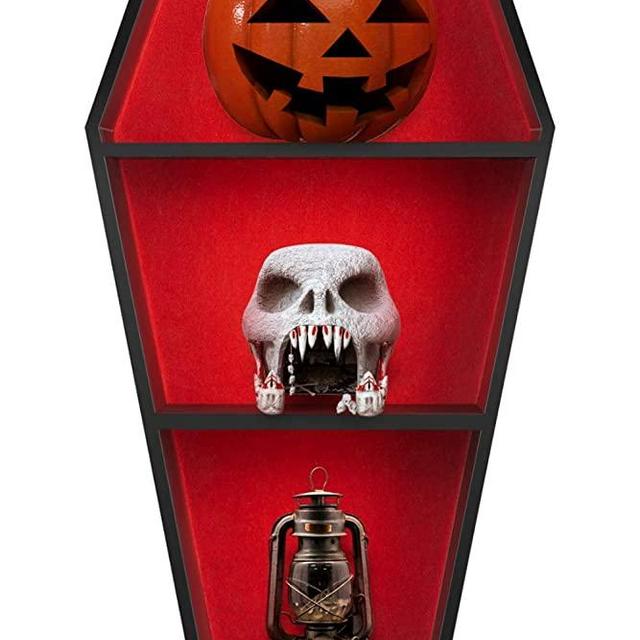 Spooky Goth Decor Coffin Shelf - Wooden Gothic Decor for Home, Black Hanging Wooden Shelf for Wall or Table Top, witchy room decor for oddities and curiosities, 50 Gothic skull witch Stickers included