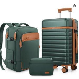 Luggage Sets 3 Piece, Carry On Luggage 20 Inch With Spinner Wheels,PC Hardside Suitcase Set with TSA Lock,Durable Carry On Suitcase With Travel Backpack for Men Women (Green, 3 piece set (20inch))