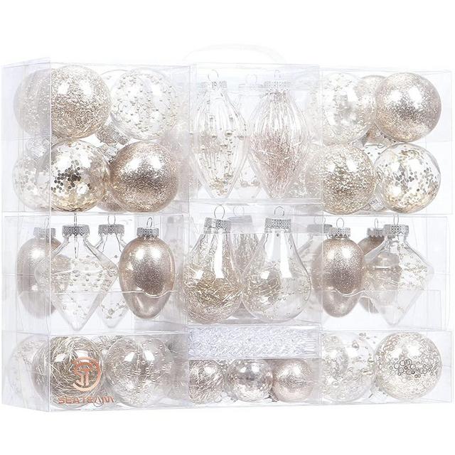 Sea Team 91-Pack Assorted Clear Christmas Ornaments, Transparent Christmas Ball Ornaments, Shatterproof Plastic Christmas Baubles, Xmas Bulbs, Christmas Tree Decorations, (2 - 5 Inches, Champagne)