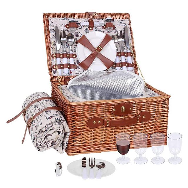 Picnic Basket for 4 Wicker Picnic Set with Insulated Cooler & Waterproof Blanket & Cutlery Service Kit Willow Picnic Hamper Set for Camping Outdoor Birthday Party