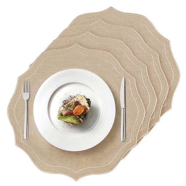 Set of 4 Cotton Linen Placemats, 15x15 Round Scalloped Cloth Table Mats, Embroidery Machine Washable, Wrinkle Resistance Fabric Place Mats for Wedding Summer Baby Shower Party Table Decor-Beige
