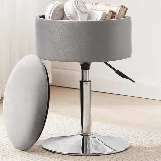 RUCUKEN Adjustable Ottoman Stool Grey Vanity Stool Vanity Chair for Makeup Room Stool Chair for Vanity Stool with Storage Makeup Stools with Storage Swivel Makeup Chair for Bathroom Velvet