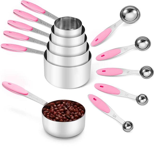 Joyhill Stainless Steel Measuring Cups and Spoons Set of 10 Piece, Nesting Metal Measuring Cups Set with Soft Touch Silicone Handles for Dry and Liquid Ingredients, Cooking & Baking (Pink)