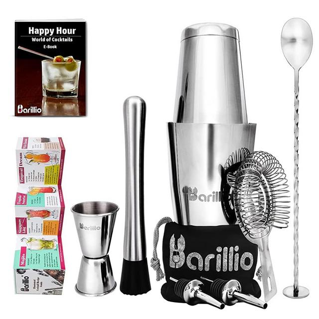 Boston Shaker Cocktail Shaker Set | Professional Bartender Kit with Weighted Martini Mixer, Hawthorne Strainer, Jigger, Mojito Muddler, Mixing Spoon & 2 Liquor Pourers……