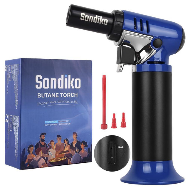 Sondiko Butane Torch with Fuel Gauge S907, Refillable Soldering Torch Lighter with Adjustable Flame for Welding, Resin Art, Industrial, Blue & Black(Butane Gas Not Included)