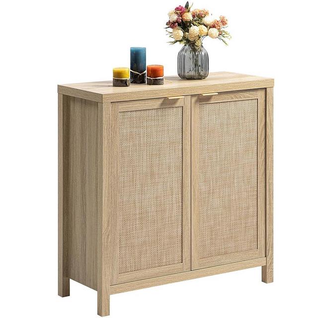 SICOTAS Rattan Sideboard Buffet Cabinet - Boho Credenza Kitchen Storage Cabinet with Rattan Decorated Doors - Coffee Bar Cabinet Buffet Console Table for Dining Living Room Hallway - Light Oak