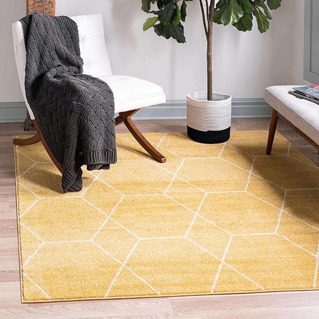 Unique Loom Trellis Frieze Collection Area Rug-Modern Morroccan Inspired Geometric Lattice Design, 7' 0 x 7' 0 Square, Yellow/Ivory