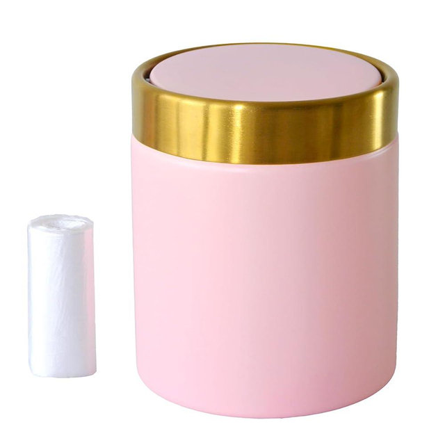 JILLICK Mini Pink Trash Can with Lid, 1.5 Liter / 0.4 Gallon Metal Garbage Bin for Makeup Vanity Countertop Desktop