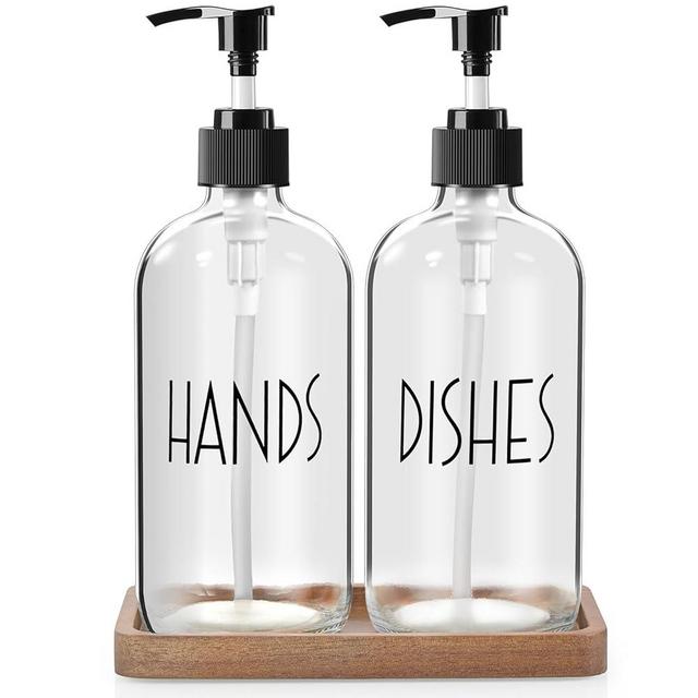 ALELION Glass Soap Dispenser with Pump - 16 OZ Clear Dish and Hand Soap Dispenser Set with Acacia Wood Tray for Kitchen Bathroom - Modern Liquid Pump Bottles