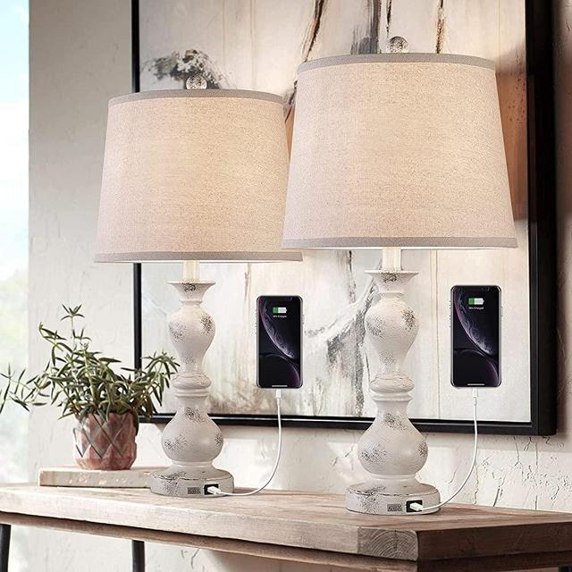Resin Table Lamp Sets of 2 for Bedroom Living Room Plug in Bedside Nightstand Light Lamps with 2 USB Ports White Fabric Shade, 2-Pack (White Base, Beige Shade)