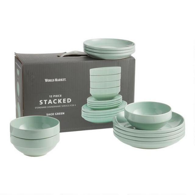 Ceramic Stacked 12 Piece Dinnerware Set in Sage Green, World Market