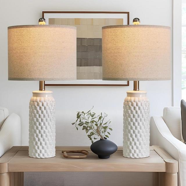 USumkky 24" Modern Ceramic White Bedside Lamp Set of 2 Table Lamp for Bedroom Decor Farmhouse Table Lamp for Living Room Office Dorm