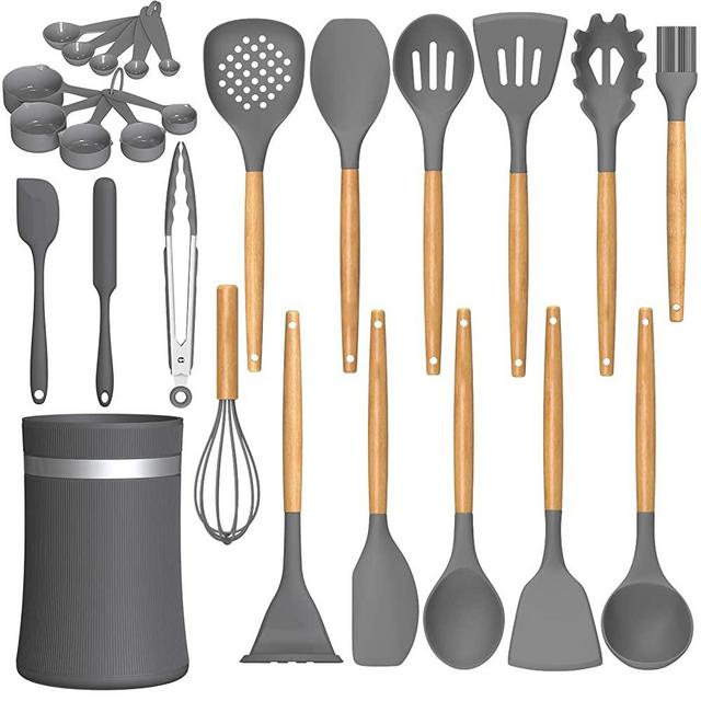 26 Pcs Kitchen Cooking Utensils Set, AIKKIL Heat Resistant Silicone Cooking Kitchen Utensils Spatula Set with Holder, Wooden Handle Non-stick Silicone Kitchen Gadgets Utensil Set (Grey)