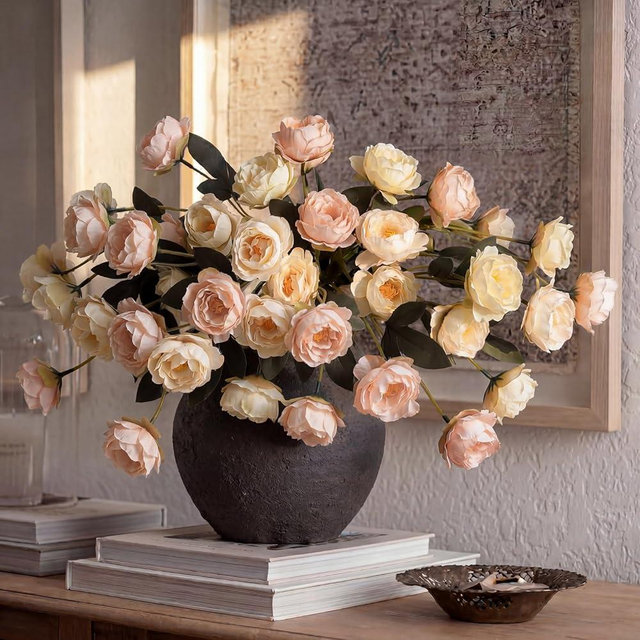 Craftsatin 6 Pcs 32" Artificial Peonies Flowers for Vase(Vase Not Included)- Each Stem 7 Silk Heads Faux Peony Look Real, Fake Long Stem Flowers for DIY Bouquets Wedding Home Decor (Beige and Pink)