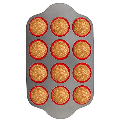 Silicone Muffin Pan With Steel Frame, 12 Cups Full Size | Professional Non-Stick Baking Molds by Boxiki Kitchen | FDA Approved BPA-Free Bakeware | Silicone 12 Cup Muffin Mold