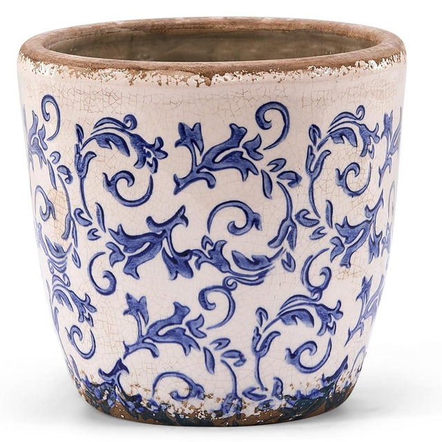 Vintage Ceramic Planter with Drainage Hole, Plastic Tray & Mesh, 6.5 Inch - Indoor/Outdoor Flower Pot, Blue Floral Rustic Farmhouse Design Plant pot for Home, Office & Garden Décor, Ideal Gift